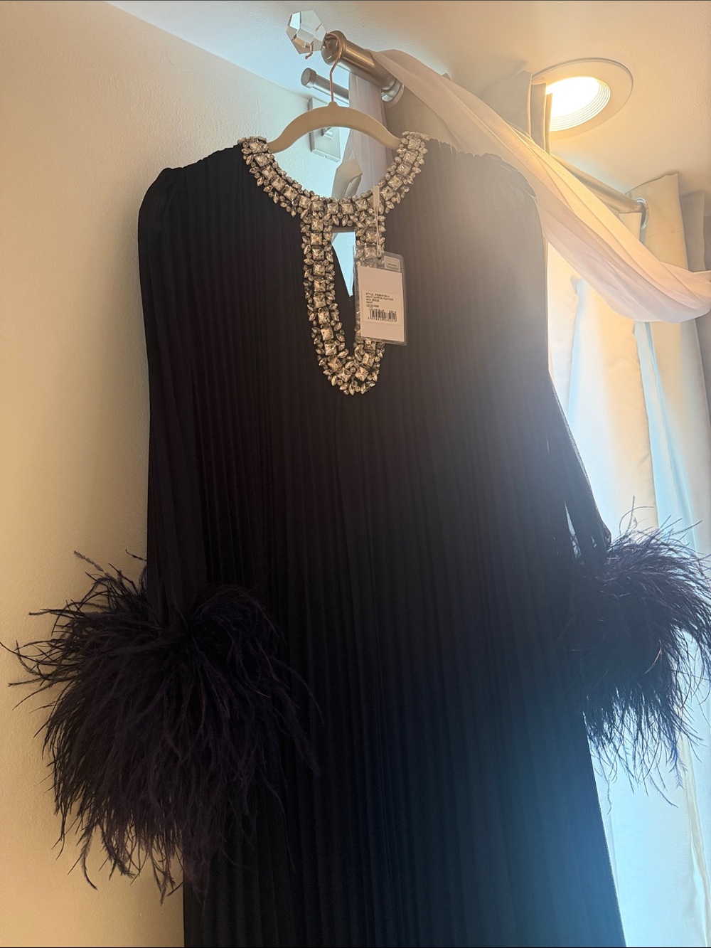 Self-Portrait Navy Pleated Maxi Dress with Feather Cuffs & Beaded Neckline - Picture 5 of 6